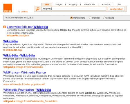 Wikipedia, résultat de recherche, par "Orange" Wikipedia et Orange