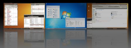 Vue 'Expose' des bureaux d'une Ubuntu avec un Seven sur le bureau du centre